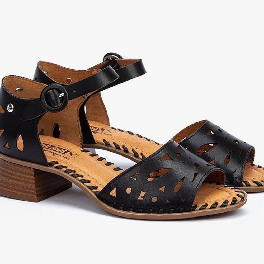PIKOLINOS Black Leather Cutout Ankle Strap Sandals